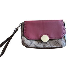 NINE WEST CROSSBODY SHOULDER FLAP BAG PURSE, wrist-lit, maroon and tan